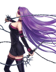 Rule 34 | 1girl, bare shoulders, black dress, black sleeves, black thighhighs, blindfold, breasts, chain, cleavage, collarbone, dagger, detached sleeves, dress, facial mark, fate/stay night, fate (series), female focus, floating hair, from side, highres, holding, holding dagger, holding knife, holding weapon, knife, large breasts, long hair, long sleeves, mask, medusa (fate), medusa (rider) (fate), nameless dagger (fate), neck, open mouth, pleated dress, purple hair, short dress, simple background, solo, standing, strapless, strapless dress, thighhighs, tube dress, type-moon, very long hair, weapon, white background, zettai ryouiki, zonotaida