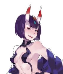 Rule 34 | 1girl, :d, armpits, bare shoulders, blush, breasts, eyeshadow, fang, fate/grand order, fate (series), highres, horns, idk-kun, japanese clothes, kimono, looking at viewer, makeup, off shoulder, oni, open mouth, purple eyes, purple hair, purple kimono, revealing clothes, short eyebrows, shuten douji (fate), simple background, sketch, skin-covered horns, small breasts, smile, solo, upper body, white background