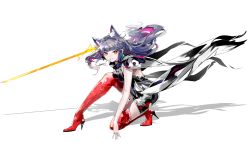 Rule 34 | 1girl, absurdres, alternate costume, animal ear fluff, animal ears, arknights, black dress, black hair, boots, breasts, candy, commentary request, dress, female focus, food, full body, gloves, high heel boots, high heels, highres, holding, holding sword, holding weapon, jacket, lollipop, long hair, looking at viewer, medium breasts, mouth hold, on one knee, red footwear, shadow, shinnasuka025, simple background, solo, sword, tail, texas (arknights), thigh boots, thighhighs, weapon, white background, wolf ears, wolf girl, yellow eyes