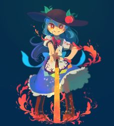 Rule 34 | 1girl, 8osakana san8, apron, black hat, blouse, blue background, blue bow, blue hair, blue skirt, boots, bow, brown footwear, buttons, cross-laced footwear, dress shirt, food, frills, fruit, hat, hinanawi tenshi, leaf, long hair, looking at viewer, neck ribbon, peach, rainbow order, red bow, red eyes, ribbon, shirt, short sleeves, simple background, skirt, solo, sword of hisou, touhou, white shirt