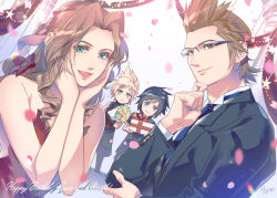 Rule 34 | 1girl, 3boys, aerith gainsborough, bouquet, bow, cloud strife, dress, drill hair, final fantasy, final fantasy vii, final fantasy xv, flower, formal, gift, glasses, green eyes, happy birthday, hinoe (dd works), ignis scientia, looking at viewer, multiple boys, necktie, noctis lucis caelum, petals, pink bow, smile, spiked hair, suit, twin drills, wall market