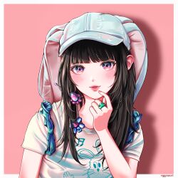 Rule 34 | 1girl, animal hat, animification, artist name, baseball cap, blue hat, blush, border, eggymon, hair behind ear, hanni (newjeans), hat, highres, jewelry, k-pop, long hair, looking at viewer, newjeans, parted lips, pink background, pink eyes, portrait, print shirt, rabbit hat, real life, ring, shirt, smile, solo, white border, white shirt