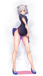 Rule 34 | 1girl, absurdres, black footwear, blue dress, boots, cevio, china dress, chinese clothes, closed mouth, clothes lift, commentary request, double bun, dress, dress lift, grey hair, hair bun, hair ornament, hairclip, high heel boots, high heels, highres, koharu rikka, lifted by self, looking at viewer, nicchi, partial commentary, red eyes, shadow, short dress, short sleeves, side slit, smile, solo, standing, synthesizer v, white background