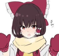Rule 34 | 1girl, :o, blush, bow, brown eyes, brown hair, detached sleeves, hair bow, hair tubes, hairband, hakurei reimu, leon (mikiri hassha), long sleeves, looking at viewer, mittens, nose blush, open mouth, red bow, red mittens, scarf, sidelocks, simple background, solo, touhou, upper body, white background