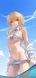 Rule 34 | 1girl, :t, absurdres, bare shoulders, bikini, bikini pull, blonde hair, blue sky, breasts, cleavage, clothes pull, cloud, cloudy sky, detached collar, flower, genshin impact, groin, hair flower, hair ornament, highres, leviathan (hikinito0902), long sleeves, looking at viewer, lumine (genshin impact), medium breasts, navel, off shoulder, partially submerged, partially underwater shot, pout, see-through, see-through shirt, shirt, short hair with long locks, sky, solo, stomach, swimsuit, two-tone bikini, underwater, wading, water, white bikini, white shirt