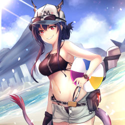 Rule 34 | 1girl, arknights, ball, bare arms, bare shoulders, baseball cap, beachball, belt, bikini, black bikini, blue hair, blue sky, breasts, ch&#039;en (arknights), ch'en (arknights), cloud, commentary request, cowboy shot, day, dragon horns, dragon tail, dutch angle, eyewear on headwear, female tourist c (arknights), grey shorts, grin, hair between eyes, hat, highres, holding, horns, horns through headwear, long hair, looking at viewer, medium breasts, mountain, navel, official alternate costume, outdoors, pouch, red eyes, seabread, short shorts, shorts, sidelocks, sky, smile, solo, standing, stomach, sunglasses, sunglasses on head, swimsuit, tail, watch, wristwatch