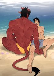 Rule 34 | 2boys, arm hair, bara, barefoot, beach, black hair, blue male swimwear, blue swim trunks, body hair, body markings, body writing, clam shell, closed eyes, colored skin, demon boy, dominique (the devil and s-13), earrings, facial hair, feet, hairy, horns, jewelry, laughing, leg hair, male focus, male swimwear, multiple boys, muscular, muscular male, open mouth, pectorals, pointy ears, print male swimwear, print swim trunks, red skin, sand, size difference, soles, starfish, steen (the devil and s-13), stubble, suyohara, swim briefs, swim trunks, swimsuit, the devil and s-13, water, yaoi, yellow male swimwear, yellow swim briefs