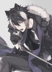 Rule 34 | 1boy, animal ears, bad id, bad twitter id, black coat, black gloves, black hair, buttons, coat, fangs, fur trim, gloves, hair between eyes, holding, holding microphone, holostars, jackal ears, jacket, kageyama shien, long sleeves, looking at viewer, male focus, microphone, multicolored hair, music, necktie, nr hlst, open mouth, purple scarf, scarf, short hair, simple background, singing, solo, standing, streaked hair, upper body, virtual youtuber, white hair, white necktie, yellow eyes, zipper