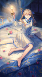 Rule 34 | 1girl, barefoot, bed, bed sheet, blue bow, blue bowtie, book, bow, bowtie, breasts, candle, candlelight, collared dress, dress, dyuba000, flower, hand up, highres, holding, holding candle, light brown hair, long sleeves, looking at viewer, medium breasts, on bed, open book, original, parted lips, purple eyes, rose, sitting, twintails, wariza, white dress