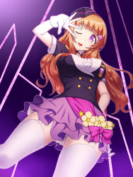 Rule 34 | 10s, 1girl, bow, brown hair, buttons, choker, emanon123, flower, frills, from below, gloves, hair ornament, hand on own hip, hand to head, hat, highres, idol, layered skirt, long hair, looking at viewer, love live!, love live! school idol project, medal, one eye closed, open mouth, purple eyes, short sleeves, skirt, solo, standing, star (symbol), thighhighs, white gloves, white thighhighs, wink, yuki anju, zettai ryouiki