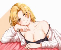 Rule 34 | 1girl, artist request, bang dream!, bare shoulders, blonde hair, blush, breasts, cleavage, collarbone, large breasts, looking at viewer, on bed, open clothes, sato masuki, short hair, simple background, solo, tagme, tank top, undressing, yellow eyes