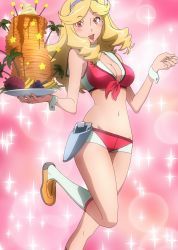 Rule 34 | 10s, 1girl, absurdres, blonde hair, boobies uniform, breasts, cleavage, female focus, hairband, highres, holding, holster, honey (space dandy), long hair, looking at viewer, solo, space dandy, wrist cuffs
