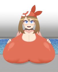 Rule 34 | 1girl, absurdres, bandana, breast rest, breasts, cleavage, creatures (company), duskyer, eyelashes, female focus, game freak, gigantic breasts, highres, in water, may (pokemon), nintendo, one-piece swimsuit, pokemon, pokemon rse, pool, red one-piece swimsuit, solo, swimsuit, upper body