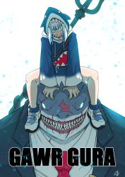 Rule 34 | 1girl, absurdres, black jacket, blue eyes, blue hair, fins, fish tail, formal, gawr gura, gj gwaeji, grey background, hair ornament, highres, hololive, hololive english, hood, hood up, jacket, long hair, looking at viewer, multicolored hair, necktie, polearm, red necktie, shark, shark tail, sharp teeth, shirt, shoes, simple background, sitting, sitting on head, sitting on person, smile, streaked hair, suit, tail, teeth, trident, virtual youtuber, weapon, weapon on back, white eyes, white shirt