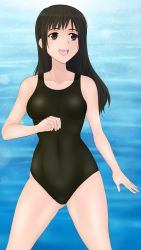Rule 34 | 10s, 1girl, absurdres, arm at side, bad id, bad pixiv id, black eyes, black hair, black one-piece swimsuit, blush, breasts, clenched hand, collarbone, cowboy shot, day, gluteal fold, green kaminari, grey background, happy, highres, hip focus, legs apart, lens flare, long hair, looking to the side, medium breasts, ocean, one-piece swimsuit, open mouth, outdoors, seiren, sidelocks, smile, solo, sparkle, standing, swimsuit, thighs, touno kyouko, water