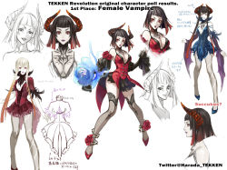 Rule 34 | 1girl, aura, bob cut, breasts, character sheet, cleavage, coattails, concept art, detached sleeves, eliza (tekken), flower, frilled skirt, frills, gradient hair, hime cut, horns, kawano takuji, lace, lace-trimmed legwear, lace trim, large breasts, lipstick, makeup, multicolored hair, namco, official art, pale skin, red eyes, red hair, rose, see-through, see-through legwear, short hair, skirt, solo, spaghetti strap, tailcoat, tattoo, tekken, tekken revolution, thighhighs, thorns, vampire