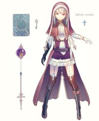 Rule 34 | 1girl, bad id, bad twitter id, belt, black gloves, braid, brown legwear, capelet, commentary request, dress, elbow gloves, full body, gloves, habit, hair between eyes, io enishi, key, leg armor, long hair, looking at viewer, nun, open mouth, original, parted lips, purple dress, purple eyes, silver hair, simple background, solo, twin braids, white background, white gloves