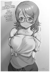 Rule 34 | 1girl, arms behind back, artist name, bare shoulders, blush, border, breasts, character name, closed mouth, collarbone, crop top, dated, glasses, gradient background, grey background, greyscale, hair ornament, hairclip, happy birthday, heart, highres, koizumi hanayo, looking at viewer, love live!, love live! school idol project, medium breasts, medium hair, monochrome, off-shoulder shirt, off shoulder, pants, shirt, short sleeves, signature, smile, solo, standing, swept bangs, tank top, tied shirt, unsfrau, upper body, white background, white border, x hair ornament