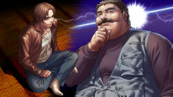 Rule 34 | 2boys, brown eyes, brown hair, brown jacket, buttons, clenched hand, closed mouth, crossed legs, denim, facial hair, full body, fusaishi haruaki, game cg, hashimoto yudai, jacket, jeans, kagelow, long sleeves, male focus, multiple boys, mustache, official art, pants, pocket, raging loop, shirt, short hair, sitting, socks, thick eyebrows, third-party source, upper body, v-neck, vest, white shirt, white socks, zipper