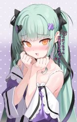 Rule 34 | 1girl, :d, bare shoulders, black bow, blush, bow, broken heart, collarbone, fang, green hair, hair bow, hair ornament, hands up, heart, heart hair ornament, highres, kanzarin, long hair, long sleeves, looking at viewer, mahoroba, nemori petty, nose blush, off shoulder, open mouth, orange eyes, purple background, smile, solo, translation request, twintails, upper body, very long hair, virtual youtuber, wide sleeves, x hair ornament