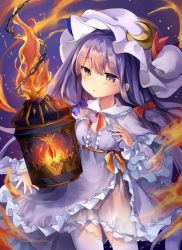 Rule 34 | 1girl, :o, blue bow, bow, bun cover, capelet, chain, crescent, crescent hair ornament, dress, fire, hair bow, hair ornament, half-closed eyes, hat, highres, kedama milk, lantern, long hair, mob cap, panties, patchouli knowledge, purple dress, purple hair, red bow, see-through, side-tie panties, solo, thighhighs, touhou, underwear, very long hair, white thighhighs, yellow eyes