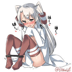 Rule 34 | 10s, 1girl, amatsukaze (kancolle), black eyes, black panties, blush, breasts, breath, ebifurya, female masturbation, full body, hair between eyes, hair tubes, heart, highres, kantai collection, masturbation, no bra, no pants, no shoes, open clothes, open mouth, oversized clothes, panties, panty pull, pussy juice, red legwear, simple background, sitting, sleeves past wrists, small breasts, solo, spoken heart, sweat, tears, twitter username, two side up, underwear, white background, white hair