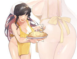 Rule 34 | 1girl, apron, ass, black hair, breasts, food, fuwafuwatoufu, head scarf, highres, holding, holding plate, holding spoon, kantai collection, large breasts, long hair, looking at viewer, multiple views, naganami (kancolle), naked apron, one-hour drawing challenge, open mouth, pink hair, plate, simple background, spoon, twitter username, white background, yellow apron, yellow eyes