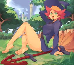 Rule 34 | 1girl, amanda o&#039;neill, arm behind head, arm support, arm up, bare legs, barefoot, blue dress, blue hat, bottomless, breasts, broom, commentary, dress, english commentary, feet, from side, full body, grass, green eyes, hat, knee up, little witch academia, long sleeves, looking at viewer, medium breasts, no panties, open mouth, orange hair, outdoors, short eyebrows, short hair, signature, sitting, soles, solo, squeezable (squeezabledraws), thick eyebrows, toes, tree, v-shaped eyebrows, witch hat