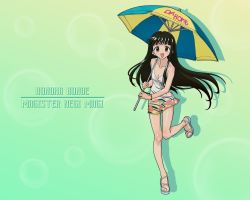 Rule 34 | 00s, 1girl, artist request, bare arms, bare legs, bare shoulders, black hair, blush, breasts, brown eyes, bubble, bubble background, character name, cleavage, dress, feet, green background, happy, hime cut, holding, holding umbrella, knees, knees together feet apart, konoe konoka, leg lift, leg up, long hair, mahou sensei negima!, multicolored parasol, parasol, sandals, skirt, smile, solo, standing, string, text focus, toes, umbrella, very long hair