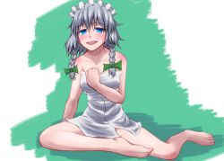 Rule 34 | 1girl, bare legs, bare shoulders, barefoot, blue eyes, blush, bow, braid, breasts, feet, full body, green bow, hair bow, highres, izayoi sakuya, legs, looking at viewer, maid headdress, medium hair, multiple hair bows, nakamura append, naked towel, open mouth, silver hair, simple background, sitting, smile, solo, toes, touhou, towel, twin braids