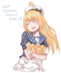 Rule 34 | 1girl, az toride, bird, blonde hair, blue sailor collar, chick, chick on head, closed eyes, cowboy shot, dress, gloves, hat, jervis (kancolle), kantai collection, sailor collar, sailor dress, sailor hat, short sleeves, simple background, solo, too many, too many chicks, translation request, white background, white dress, white gloves, white hat