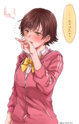 Rule 34 | 1girl, blouse, blush, bow, bowtie, brown hair, collared shirt, highres, honda mio, hood, hoodie, idolmaster, idolmaster cinderella girls, idolmaster cinderella girls starlight stage, na greentea0302, pink hoodie, school uniform, shirt, short hair, sleeves rolled up, translation request, white shirt, yellow bow