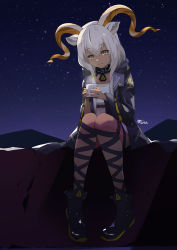Rule 34 | 1girl, animal ear fluff, animal ears, arknights, beeswax (arknights), black footwear, black jacket, boots, closed mouth, commentary request, cup, dark-skinned female, dark skin, full body, hair between eyes, highres, holding, holding cup, hood, hood down, hooded jacket, horns, jacket, long hair, long sleeves, looking at viewer, mira-snow-white, mountain, mug, night, night sky, open clothes, open jacket, outdoors, pigeon-toed, shirt, signature, sitting, sky, smile, solo, star (sky), starry sky, steam, white hair, white shirt, wide sleeves