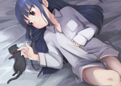 Rule 34 | 10s, 1girl, bad id, bad pixiv id, bed, bed sheet, black cat, blue hair, blunt bangs, blush, buttons, cat, chikku (k2753), collarbone, collared shirt, commentary request, dress shirt, hime cut, idolmaster, idolmaster cinderella girls, long hair, long sleeves, looking to the side, lying, on back, pocket, red eyes, sajo yukimi, shirt, sleeves past wrists, smile, solo, white shirt