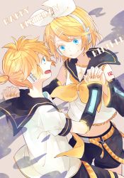 Rule 34 | 1boy, 1girl, aqua eyes, arm warmers, bad id, bad pixiv id, blonde hair, blush, brother and sister, bureax3000, eye contact, hair ornament, hair ribbon, hairclip, headphones, hetero, highres, holding hands, kagamine len, kagamine rin, looking at another, navel, necktie, open mouth, ribbon, sailor collar, short hair, shorts, siblings, smile, twins, vocaloid, yellow necktie