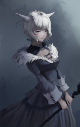 Rule 34 | 1girl, absurdres, animal ears, black background, black dress, blue eyes, breasts, cat ears, closed mouth, commentary, dress, facial mark, final fantasy, final fantasy xiv, fur-trimmed dress, fur trim, highres, holding, holding staff, long sleeves, looking at viewer, medium breasts, miqo&#039;te, short hair, signature, solo, staff, the other lilac, whisker markings, white background, y&#039;shtola rhul