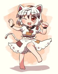 Rule 34 | 1girl, animal ears, barefoot, bell, blush, brown hair, cat ears, cat tail, crop top, full body, goutokuji mike, hair between eyes, jingle bell, multicolored hair, one eye closed, open mouth, orange eyes, patch, puffy short sleeves, puffy sleeves, rokugou daisuke, shadow, short hair, short sleeves, signature, skirt, smile, solo, streaked hair, tail, touhou, white hair, white skirt