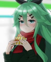 Rule 34 | 10s, 1girl, alternate costume, black ribbon, blush, cross-counter (screw upper), eating, food, green eyes, green hair, hair between eyes, hair ornament, hairclip, highres, holding, holding food, jacket, kantai collection, long hair, long sleeves, red scarf, ribbon, scarf, sidelocks, solo, yamakaze (kancolle)