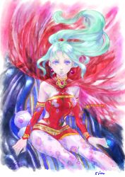 Rule 34 | 1girl, breasts, cape, capelet, commentary request, detached sleeves, dress, earrings, elbow gloves, final fantasy, final fantasy vi, gloves, green hair, jewelry, long hair, moogle, pantyhose, ponytail, print pantyhose, purple eyes, sio2 (nisankakeiso), small breasts, solo, tina branford