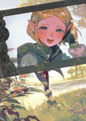 Rule 34 | 1girl, absurdres, blonde hair, blurry, blush, depth of field, flower, food, fruit, gohan (nggohan), grass, green eyes, hair ornament, hairclip, hand up, highres, looking at viewer, nintendo, open mouth, outdoors, pointy ears, princess zelda, purah pad, short hair, smile, solo, the legend of zelda, the legend of zelda: tears of the kingdom, tree, viewfinder