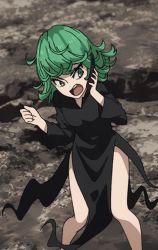 Rule 34 | 1girl, animated, animated gif, bare legs, breasts, curvy, dress, female focus, green hair, one-punch man, solo, talking, tatsumaki