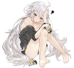 Rule 34 | 1girl, absurdres, ahoge, bare shoulders, barefoot, black panties, blush, breasts, can, cleavage, collarbone, commentary request, fate/grand order, fate (series), full body, has bad revision, has downscaled revision, highres, jeanne d&#039;arc (fate), jeanne d&#039;arc alter (avenger) (fate), jeanne d&#039;arc alter (fate), kou mashiro, legs, long hair, looking at viewer, md5 mismatch, medium breasts, open mouth, panties, resolution mismatch, silver hair, simple background, solo, source smaller, strong zero, underwear, very long hair, white background, yellow eyes