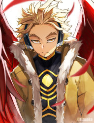 Rule 34 | 1boy, blonde hair, boku no hero academia, costume, facial hair, facial mark, feathered wings, feathers, fur-trimmed jacket, fur trim, goatee, hawks (boku no hero academia), haze, headphones, high collar, highres, jacket, light particles, light rays, looking at viewer, male focus, narrowed eyes, open clothes, open jacket, red feathers, red wings, serious, shadow, shirt, short hair, skin tight, solo, stubble, tight clothes, tight shirt, tonbanlove, twitter username, upper body, wings, yellow eyes