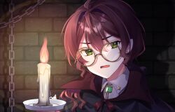 Rule 34 | 1boy, albert parker, black cloak, bolo tie, brick wall, brown hair, candle, chain, cloak, collared shirt, earrings, ewokaku335, fang, fingernails, gem, green eyes, green gemstone, hair between eyes, hair intakes, holding, holding candle, indie virtual youtuber, jewelry, long hair, looking at viewer, low ponytail, male focus, open mouth, pointy ears, round eyewear, scowl, shadow, sharp fingernails, shirt, skin fang, solo, stud earrings, upper body, vampire, virtual youtuber, white shirt