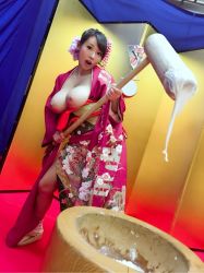 Rule 34 | 1girl, asian, black hair, breasts, breasts out, food, highres, japanese (nationality), japanese clothes, large breasts, looking at viewer, mochi, mortar (bowl), nipples, photo (medium), sandal, sandals, socks, solo, tagme