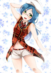 Rule 34 | 1girl, blue hair, glasses, green eyes, hat, highres, long hair, looking at viewer, midriff, murabito c, navel, open mouth, rinoda mano, school girl strikers, short shorts, shorts, solo, white hat, white shorts