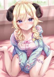 Rule 34 | 1girl, animal ears, bare legs, barefoot, between legs, blonde hair, blue jacket, blush, breasts, closed mouth, hair between eyes, hand between legs, highres, hololive, horns, jacket, large breasts, long hair, long sleeves, looking at viewer, on bed, open clothes, open jacket, pink shorts, purple eyes, sheep ears, sheep girl, sheep horns, shirt, short shorts, shorts, sitting, smile, solo, thigh strap, tsunomaki watame, tsunomaki watame (loungewear), v arms, virtual youtuber, wariza, white shirt, yuano