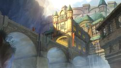 Rule 34 | 1other, absurdres, ambiguous gender, banner, bridge, castle, cloud, cloudy sky, day, fantasy, fog, gate, graphite (medium), highres, holding, holding staff, original, outdoors, poppo sutchy, scenery, sky, staff, traditional media, window