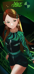 Rule 34 | 1girl, absurdres, after like (ive), animification, belt, black shorts, breasts, brown eyes, brown hair, cross, cross earrings, earrings, green belt, green shirt, hair behind ear, hair ornament, hairclip, highres, ive (group), jewelry, k-pop, leeseo (ive), long hair, long sleeves, looking at viewer, making-of available, medium breasts, mole, mole above mouth, parted bangs, real life, shirt, shorts, smile, solo, song name, very long hair, yeoneotail