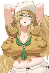 Rule 34 | 1girl, arms behind head, arms up, barghest (fate), barghest (swimsuit archer) (fate), blonde hair, blush, breast pocket, breasts, brown shirt, brown skirt, cleavage, crop top, fate/grand order, fate (series), green eyes, green neckerchief, green scarf, grey hat, hat, highres, huge breasts, impossible clothes, impossible shirt, long hair, maruko tooto, neckerchief, open mouth, pocket, scarf, shirt, simple background, skirt, tied shirt, upper body, very long hair, white background